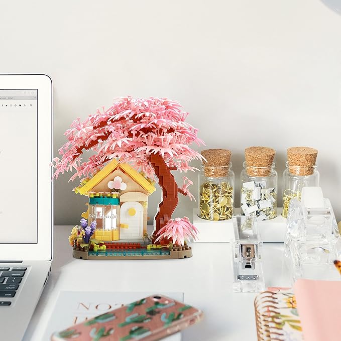 Mirco Block Pink Wishing Tree House Building Block Set,1500 PCS for Adults and Kids, Construction Set