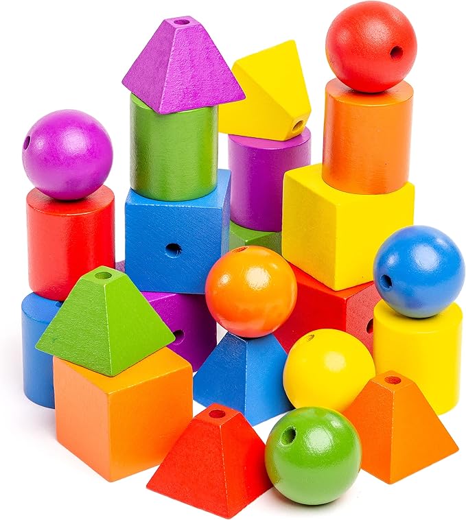 Stages Sensory Builder Colorful Wooden Stringing Beads in Sturdy Handled Tub, 96 Beads and 6 Strings, for Developing fine Motor Skills and Hand Eye Coordination