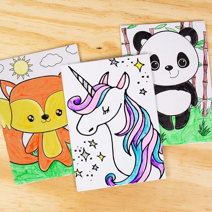 Horizon Group USA Pre-Printed Canvas & Paint Art Set. Ready to Paint 5" x 7" Canvas Panels, 12 Tempera Paints, 6 Easy-Grip Assorted Paintbrushes Included. Panda, Fox & Glitter Unicorn