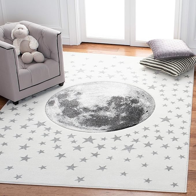 SAFAVIEH Carousel Kids Collection 6'7" Square Ivory/Grey CRK135A Moon & Stars Non-Shedding Playroom Nursery Bedroom Area Rug