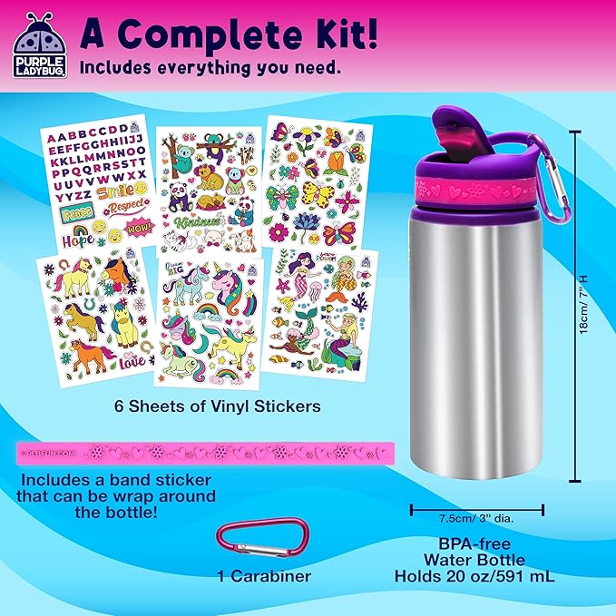 Purple Ladybug Decorate Your Own Water Bottle for Girls - Includes Trendy Stickers, Easter Gift for Ages 5-8, Birthday or Valentines Gift, Great for Little Girls
