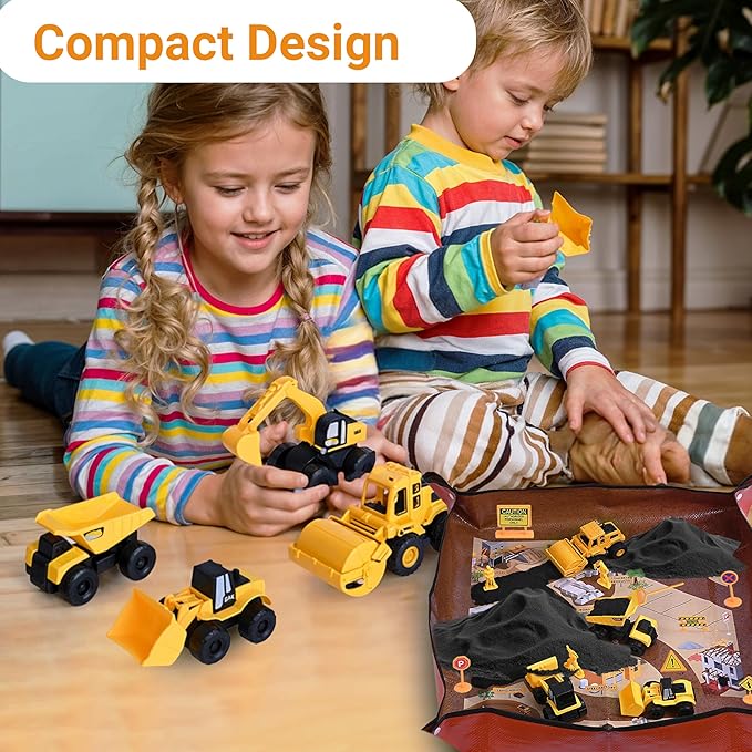 Sensory Play Construction Sand Kit, 2lbs Sensory Sand, Interactive Mat for Mess-Free Play, 22 Piece 5 Trucks 7 Signs 4 Work Figures 6 Tools, Sandbox Toys for Boy Girl Kid Toddlers Age 3+