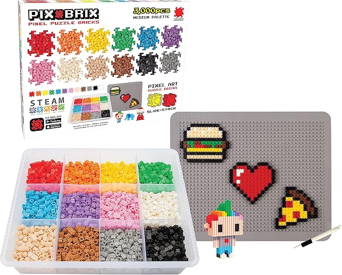 Pix Brix Pixel Art Puzzle Bricks – 3,000 Piece Pixel Art Container, 12 Color Medium Palette – Interlocking Building Bricks, Create 2D and 3D Builds Without Water or Glue – Stem Toys, Ages 6 Plus