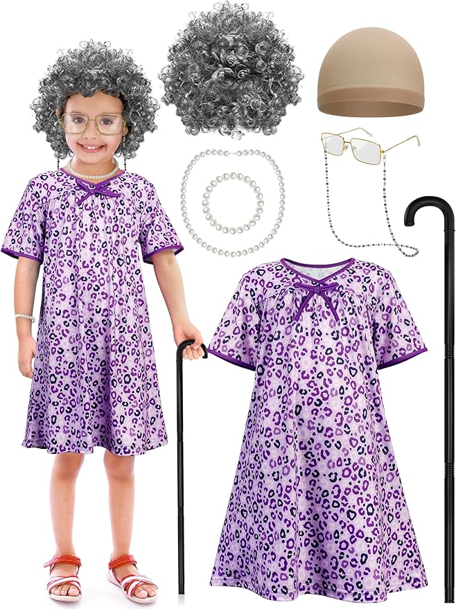 Old Lady Costume for Kids, Girls 100 Day of School Cosplay Black White Curly Wig Cap Glasses Cane Necklace Bracelet