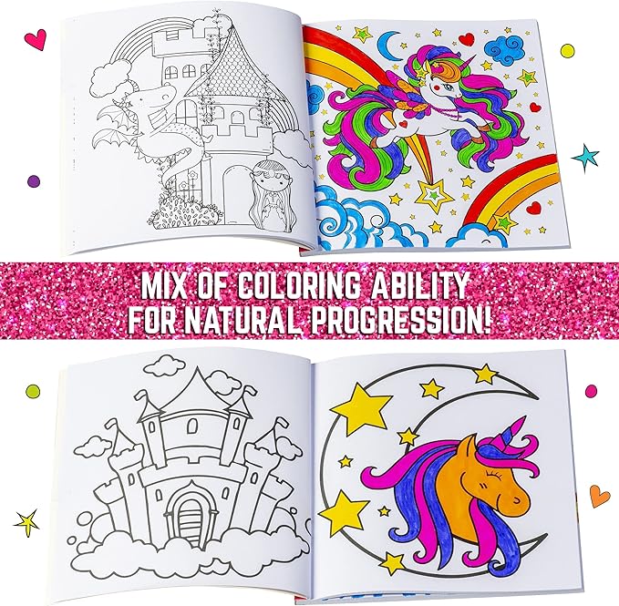 GirlZone Unicorn Coloring Book for Kids Ages 4+, Arts and Crafts Unicorn Coloring Books with 102 Fun Designs Like Fairies and Sea Animals for Teen Girls