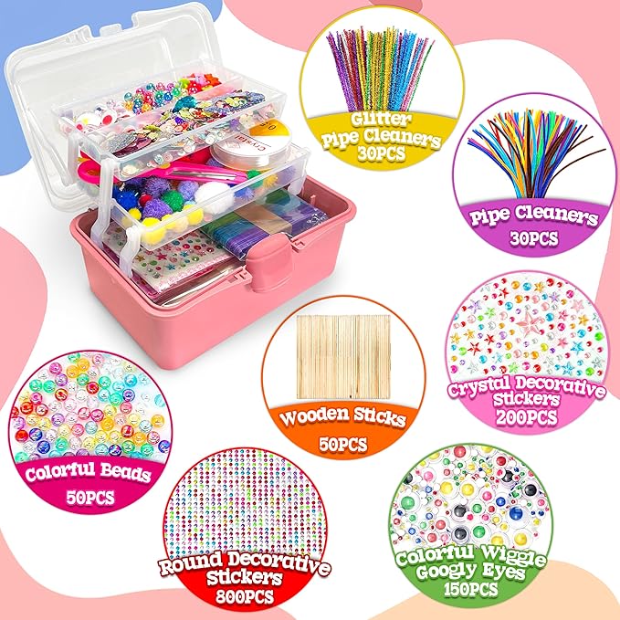 LINAYE 2500+PCS Arts and Crafts Supplies for Kids, DIY Craft Supplies Kit Box for Ages 6-8, Arts and Crafts Kit for Kids, Crafting Supply Set for Girls Boys Birthday Christmas Gifts, Deep Pink