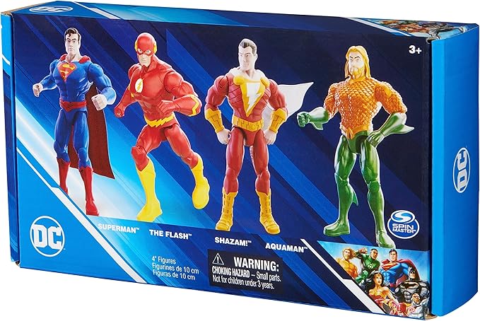 DC Comics, Action Figures 4-Pack, Superman, The Flash, Shazam!, Aquaman 4-inch Figures, Accessories, Superhero Kids Toys for Boys and Girls, Ages 3+