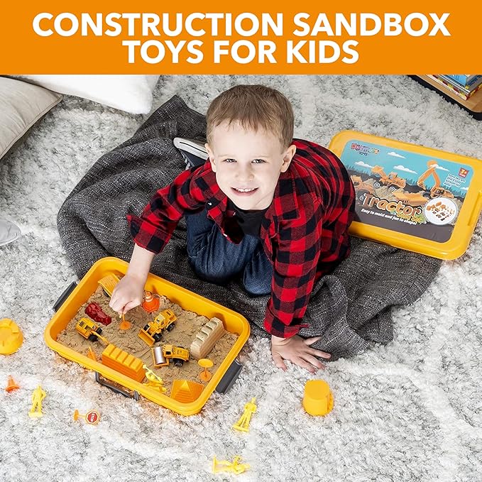 Construction Sandbox Toys for Kids with 2 lbs Play Sund, Bulldozer, and Figures -Tractor Sand Playset - Children Toys 3-5 Boys, Farm Sand Play Set, Indoor Sand Toy, Mini Construction Toys