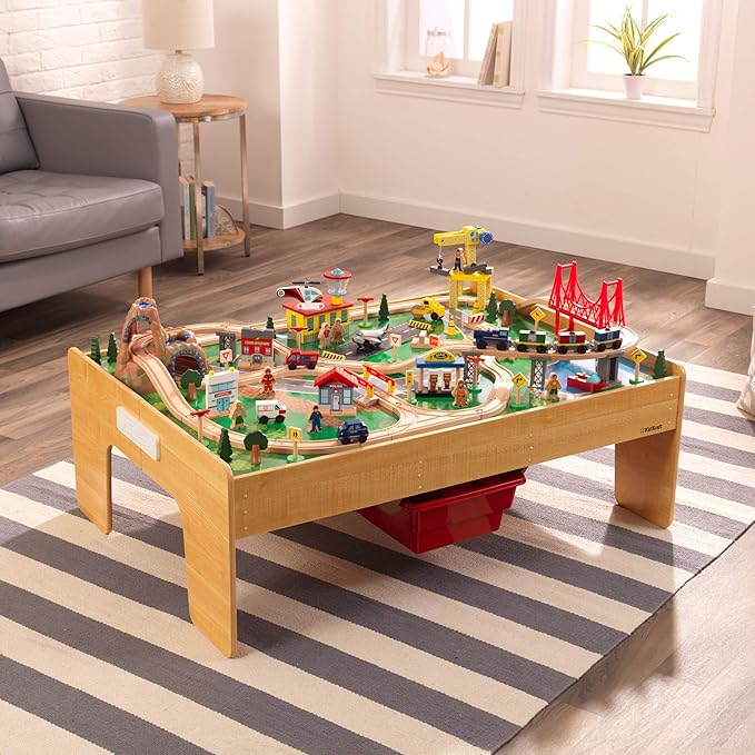 KidKraft Adventure Town Railway Wooden Train Set & Table with EZ Kraft Assembly™ with 120 Accessories and Storage Bins, Gift for Ages 3+