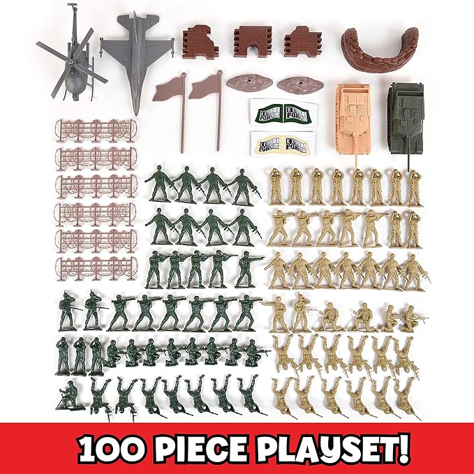 Sunny Days Entertainment Military Battle Group Bucket Over 100 Assorted Soldiers and 20 Accessories Toy Play Set for Kids, Boys and Girls | Plastic Army Men Figures with Storage Container