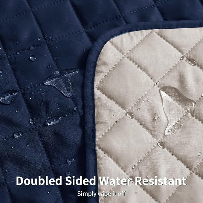 CHUN YI Loveseat Cover, Water Resistant Slipcover for 2 Cushion Couch, Reversible Washable Sofa Cover with Adjustable Strap Storage Pocket for Living Room Dog Pet (Loveseat, Navy-1)