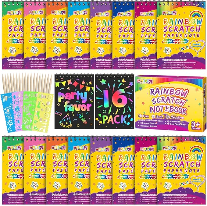 pigipigi Scratch Paper Party Favor: 16 Pack Rainbow Scratch Notebook for Kid Art Craft Supplies Age 3-12 Boys Girls Coloring Book Birthday Christmas Easter Toy Gift Activity Drawing Kit