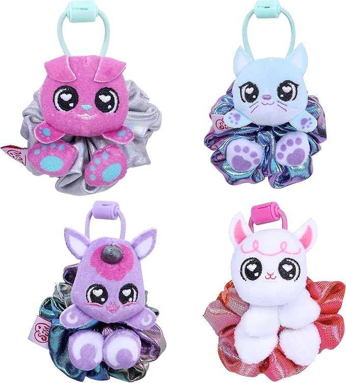 Scrunchmiez Four Pack, Exclusive scrunchies That Magically transforms from Hair Scrunchie to Cute Plush Friend as Well as Backpack Clip. So Many Characters to Collect & wear.