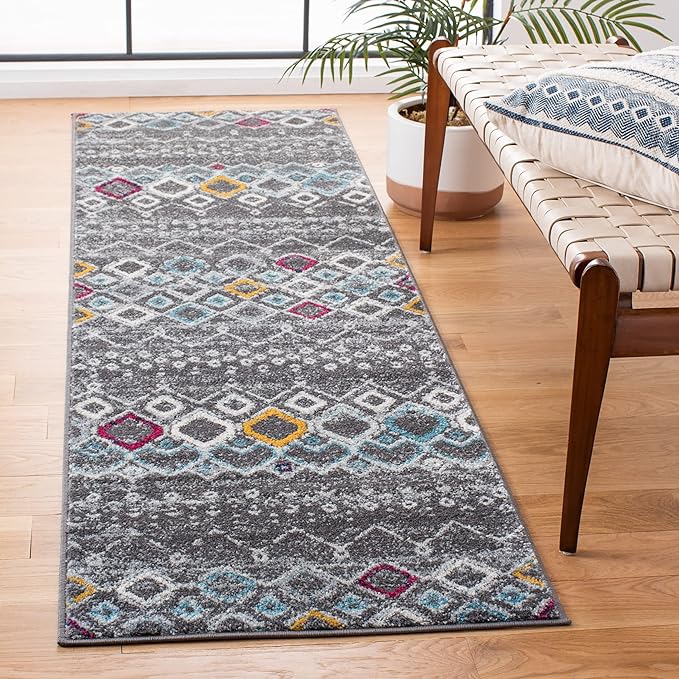 SAFAVIEH Amsterdam Collection Runner Rug - 2'3" x 12', Dark Grey & Ivory, Moroccan Boho Design, Non-Shedding & Easy Care, Ideal for High Traffic Areas in Living Room, Bedroom (AMS108H)