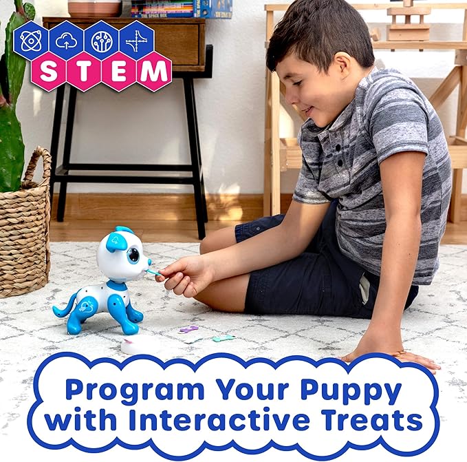 Robo Pets Robot Dog Toy for Girls and Boys - Remote Control Robot Toy Puppy with LEDs, Sound FX, Interactive Hand Motion Gestures, STEM Toy Program Treats, Dancing and Walking RC Robot for Kids (Blue)