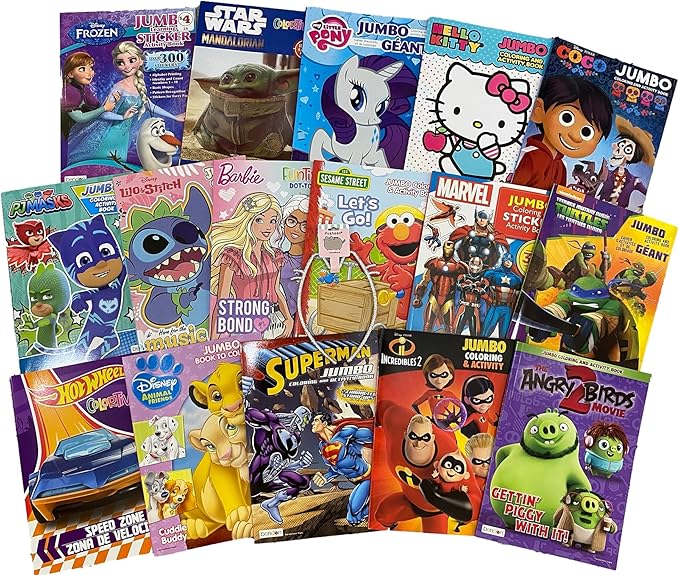 Bundle of 16 Coloring Books Kids Ages 4-8 Assortment Incl 16 Kids Activity plus Headband Books Include Games, Puzzles, Mazes, and Stickers (No Duplicates), Multicolored