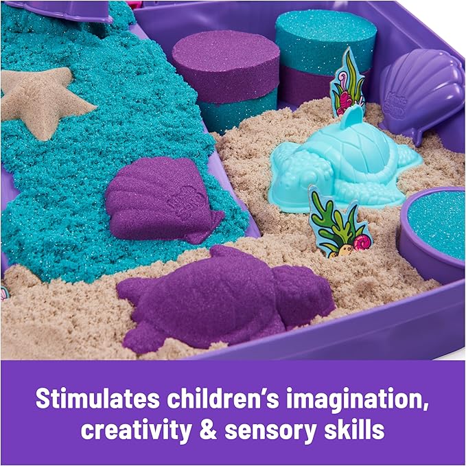 Kinetic Sand, Mermaid Palace Playset with 2.06lbs Play Sand (Neon Purple, Shimmer Teal & Beach), Tools & Folding Sandbox, Sensory Toys for Kids