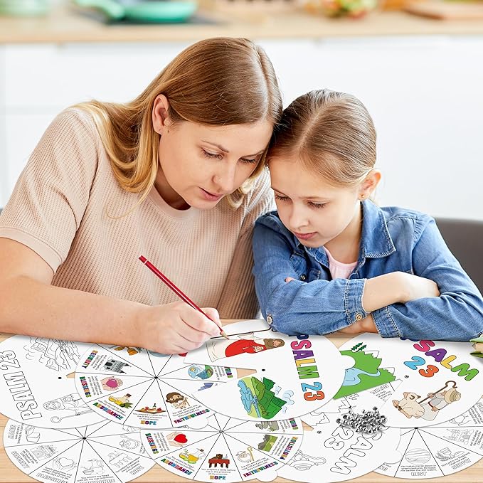 COcnny Psalm 23 Christian Coloring Craft - 24 Sets Color Your Own Religious Bible Wheel Cards for Kids, Baptism Verse Art Coloring Paper Game DIY Jesus Biblical Activities for Sunday School Class Home