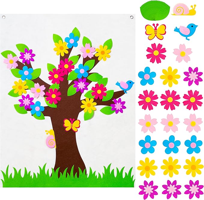 WATINC 49Pcs DIY Spring Tree Felt Board Craft Kit, Flower Leaf Butterfly Snail Bird Detachable Ornaments Spring Party Decoration for Kids, Activity Creative Game Wall Hanging Decor for Home Classroom