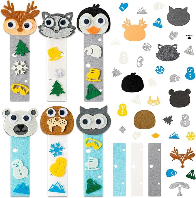 HubirdSall 24 Pack Winter Polar Animals Felt Bookmark Craft Kit, DIY Make Your Own Arctic Animal Bookmarks with Reindeer Walrus Polar Bear Penguins Art Bulk Party Gift Classroom Activities for Kids