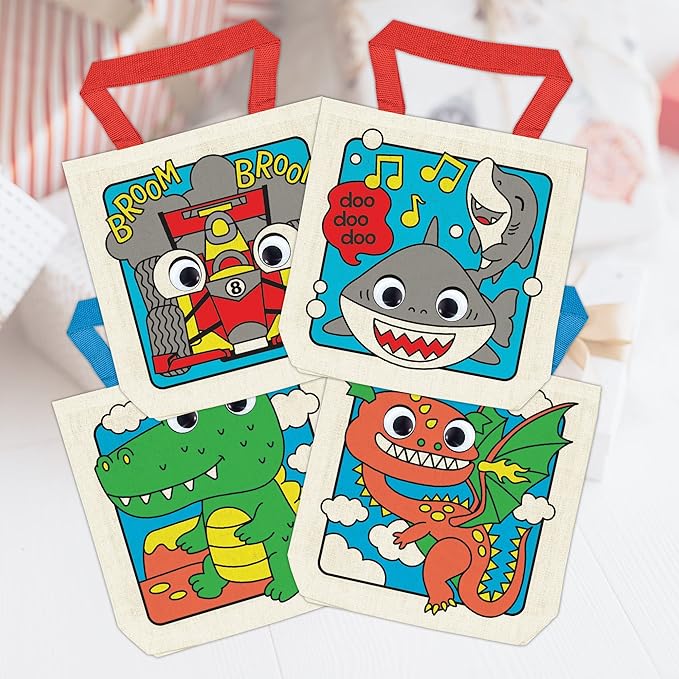 8 Pieces Kids Coloring Goodie Bags, Reusable Canvas Bag, Cute Art Party Favors, Color Your Own Bags for DIY Painting Birthday Carnival Celebration, Party Supplies Gift, Boys