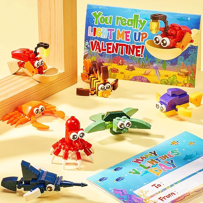 Valentines Day Gifts for Kids, 24 Pack Valentines Day Cards for Kids Classroom School with Sea Animal Building Block Set, Kids Party Favors Goodie Bags Bulk Classmate Boys Girls Exchange Gifts