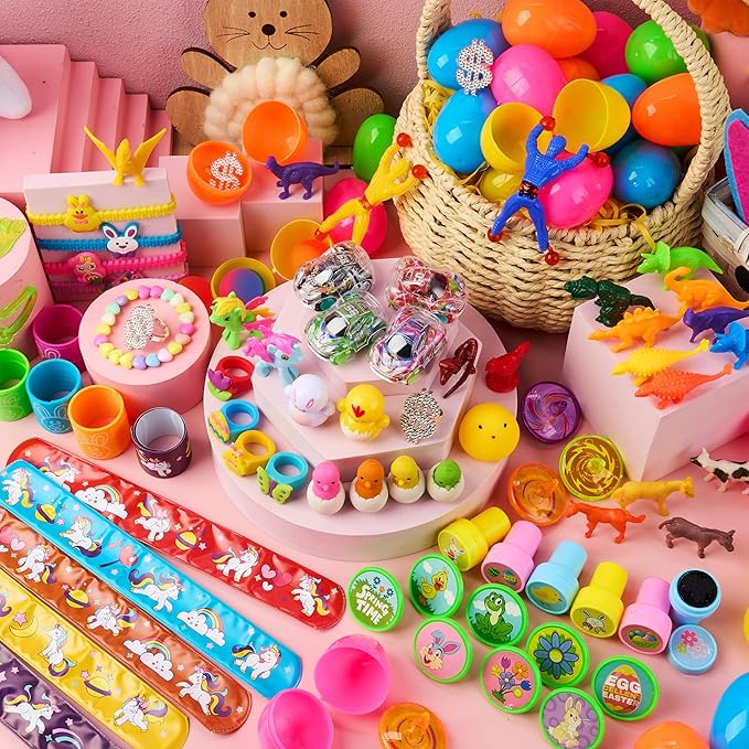 JOYIN 120 Pcs Prefilled Easter Eggs with Novelty Toys and Plus Stickers Inside, Plastic Easter Eggs Fillers, Basket Stuffers Egg Hunt Supplies, Theme Party Favor