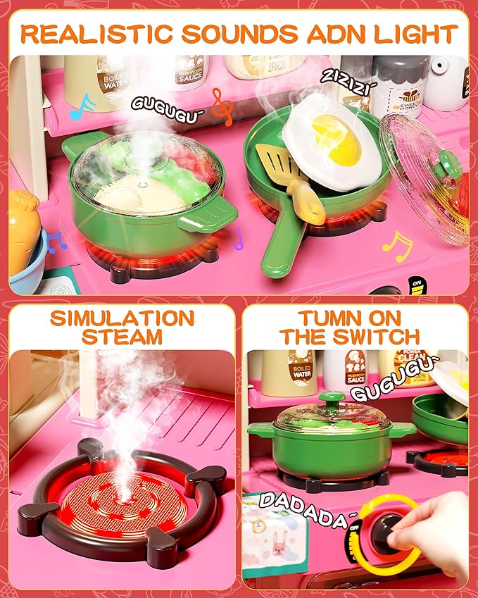 33.8IN Kids Kitchen Playset, 70PCS Kid Play Kitchen with Realistic Lights & Sounds, Spray Sink Toy Kitchen Accessories, Pretend Food Toys Kitchen for Boys Girls Toddlers(Pink)