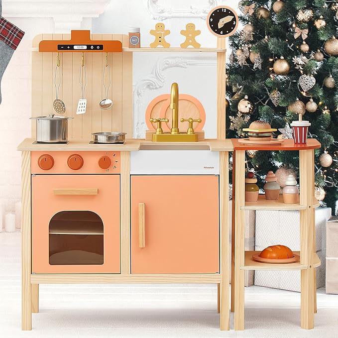 Play Kitchen Set, Wooden Toy Kids Kitchen Playset, Pretend Toddler Kitchen with Play Dishes Play Sink Microwave Oven Cookware Accessories Playset,Best Gift for Girls Boys 3+ Year Old(Red)