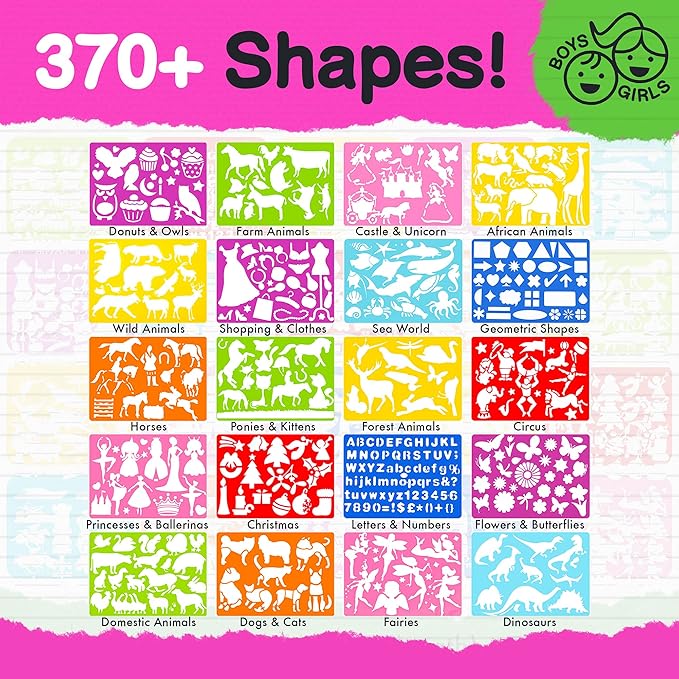 Drawing Stencil Kit for Kids, 60 PC Art Set with 370+ Shapes, Sketch Pad, and Colored Pencils for DIY Arts and Crafts for Boys and Girls, Draw with Letter, Animal and Car Stencils, Pink
