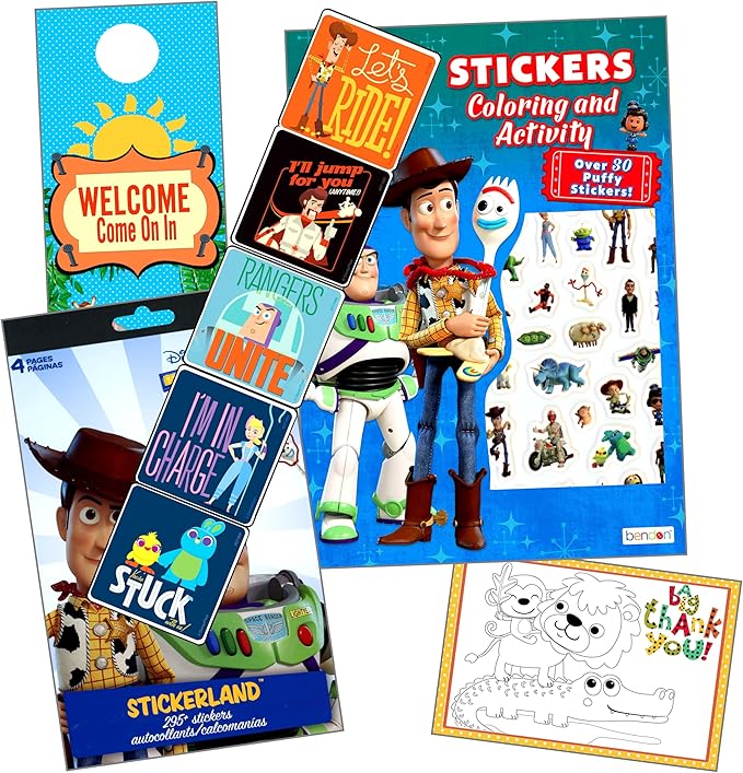 Disney Toy Story Stickers Coloring Activity Book Set - Bundle Includes Toy Story Coloring Book, Stickers, 2-Sided Door Hanger, and More