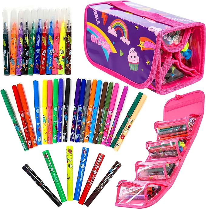 GirlZone Fruit Scented Markers Set with Case, 38 Vibrant Colors, Washable Art & Craft Kids Marker Set for Drawing, Sketching and Coloring, Rainbow Gifts for Kids, Girls Birthday