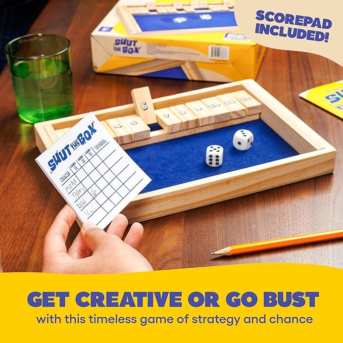 Shut The Box by Relatable, The Classic Choice for Tabletop Games, Math Games, Board Games for Kids and Adults, and Strategy Games, Includes 2 Dice, 1 Wooden Box, 1 Scorepad, and Instructions