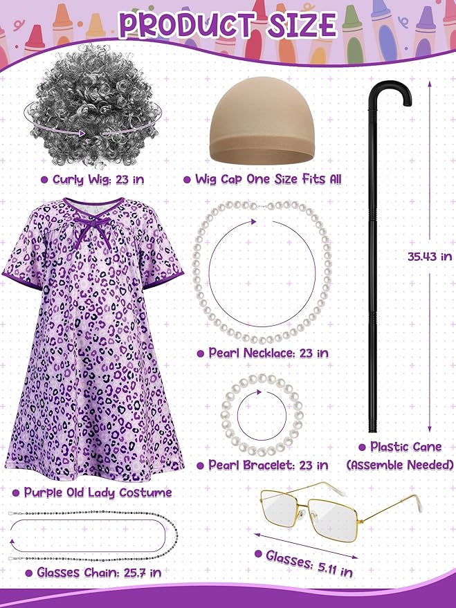 Old Lady Costume for Kids, Girls 100 Day of School Cosplay Black White Curly Wig Cap Glasses Cane Necklace Bracelet