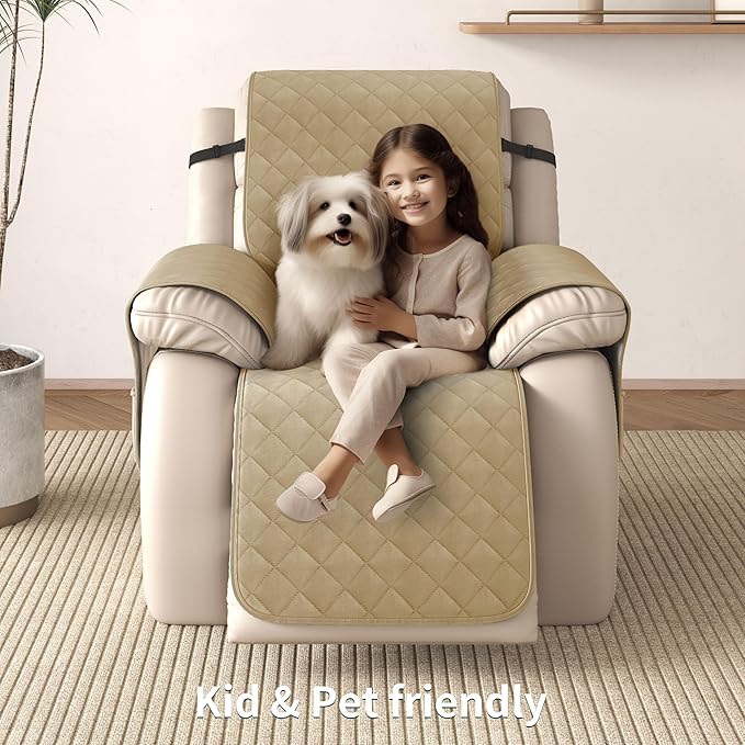 CHUN YI Recliner Chair Cover, Non-Slip Recliner Covers That Stay in Place, Washable Lazy Boy Recliner Covers with Pockets, Water Resistant Recliner Slipcover for Pets (Khaki, Small Recliner)