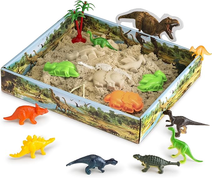 Dino Discovery 3D Sandbox for Kids with 1 Pound Moldable Indoor Artificial Play Sand, Shaping Molds, Dinosaur Figures, 3D Tray