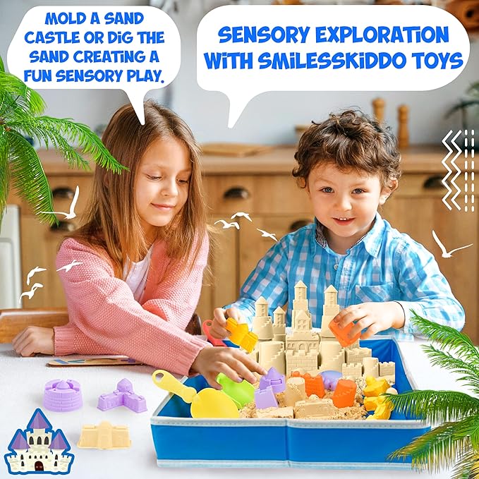 Play Sand Kit - Folding Sand Box with 1.1lbs Sensory Sand, Castle Molds & Foldable Tray - Sensory Bin Toys for Kids, Boys and Girls
