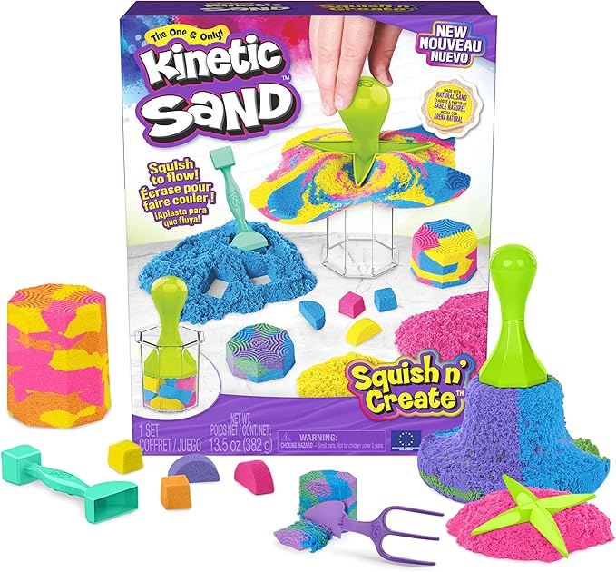 Kinetic Sand, Squish N’ Create Playset with 13.5oz Blue, Yellow & Pink Play Sand, 5 Tools, Sensory Toys for Kids Ages 3 and up
