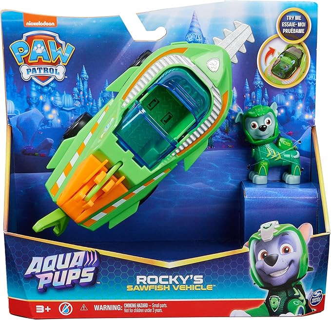 Paw Patrol Aqua Pups Rocky Transforming Sawfish Vehicle with Collectible Action Figure, Kids Toys for Ages 3 and up