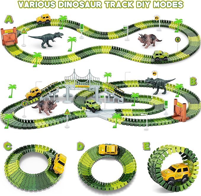 Dinosaur Tracks, 271 PCS Create A Dinosaur World Road Race for Kids Boys Toys Flexible Train Tracks Set with 2 Cool Race Cars and 2 Dinosaur Toys for Age 3 4 5 6 7 8 Year & Up Old Boy Girls Best Gift