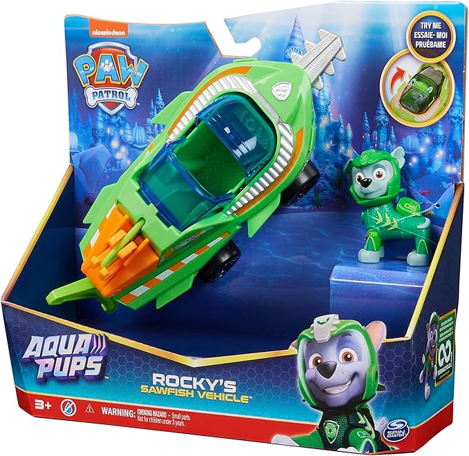Paw Patrol Aqua Pups Rocky Transforming Sawfish Vehicle with Collectible Action Figure, Kids Toys for Ages 3 and up