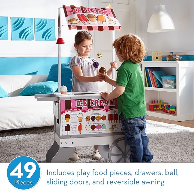 Melissa & Doug Wooden Snacks and Sweets Food Cart - 40+ Play Food pcs, Reversible Awning , Multi Colored