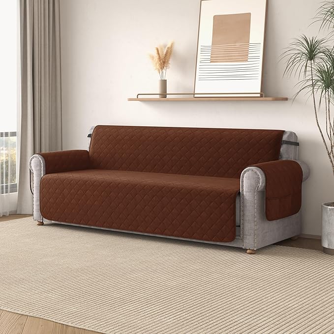 CHUN YI Couch Cover, Water Resistant Slipcover for 3 Cushion Sofa, Reversible Washable Sofa Cover with Adjustable Strap Storage Pocket for Living Room Dog Pet (Sofa, Chocolate)