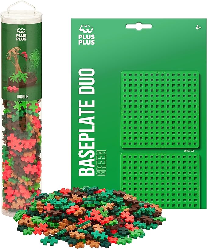 PLUS PLUS 240 Piece Interlocking Building Blocks for Kids, Open Ended Connecting Toys, STEM Bin Mini Manipulatives - Jungle Mix Play Tube & Baseplate