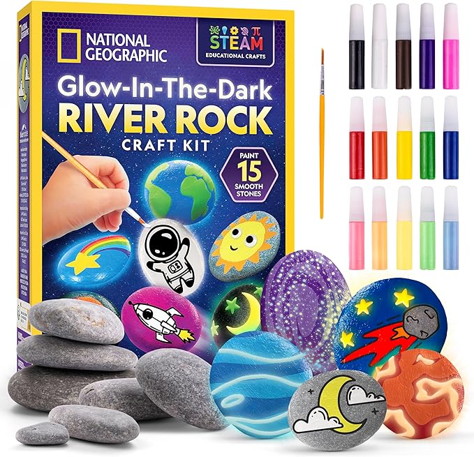 NATIONAL GEOGRAPHIC Glow in the Dark Rock Painting Kit - Arts & Crafts Kit for Kids, Decorate 15 River Rocks with 15 Paint Colors & More Art Supplies, Kids Craft, Kids Art Kit, Kids Activity Kit