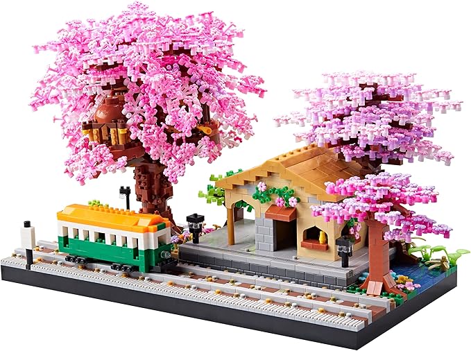 Architecture, Japanese Sakura Tree Class Train Station Cherry Blossom Tree Building Block Model Kit 3668 PCS for Adults and Kids, Classical Building Micro Blocks Set,Mini DIY Assembly Toy