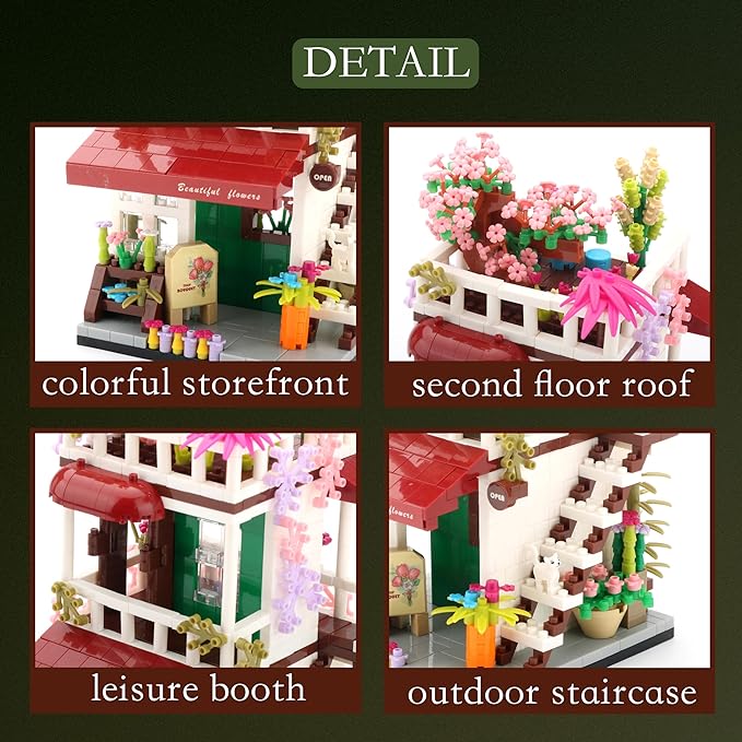 Street View Mini Building Blocks Flower House Shop Store Building Kit Simulation Construction Educational Creative Toy for Boys Girls Age 8+ 953 pcs