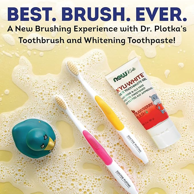 MOUTHWATCHERS Soft Kids Toothbrushes, 4 Pack, Manual Flossing Toothbrush, Ultra Clean, Yellow Childrens Toothbrushes, by Dr. Plotka's