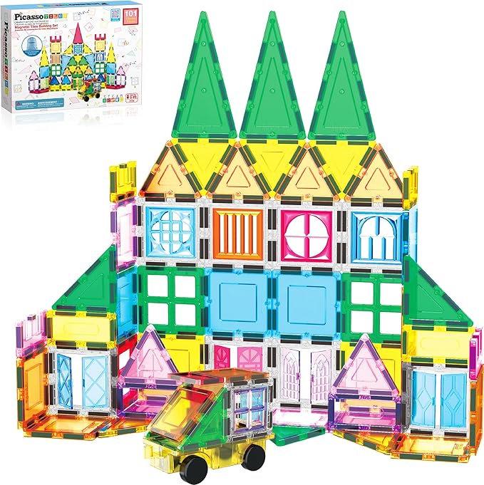 PicassoTiles Magnetic Tiles 101pc Magnet Tile Building Blocks Construction Sensory Toy Set with Storage Carry Case Drawstring Bag STEM Kids Learning Educational Pretend Play Boy Girl Ages 3+ & Up PT06