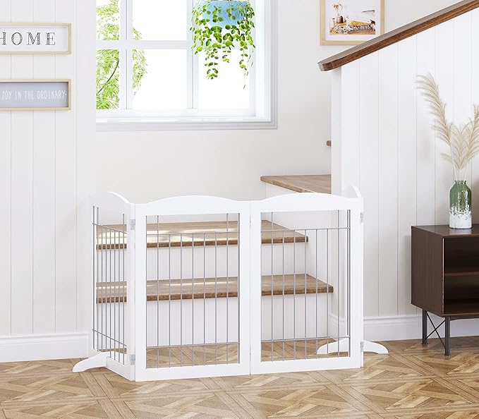 Spirich Extra Wide and Tall Dog gate for The House, Doorway, Stairs, Freestanding Foldable Wire Pet Gate for Dogs, 80-inch Wide,30 inches Tall, White (4 Pannels)